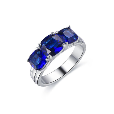 women three stone rings 925 sterling silver ring cushion 3 Aquamarine Blue Gemstone Wedding Diamond ring Kirin Jewelry